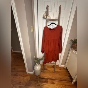 Chic Soul Rust Red Tiered Long-Sleeve Dress